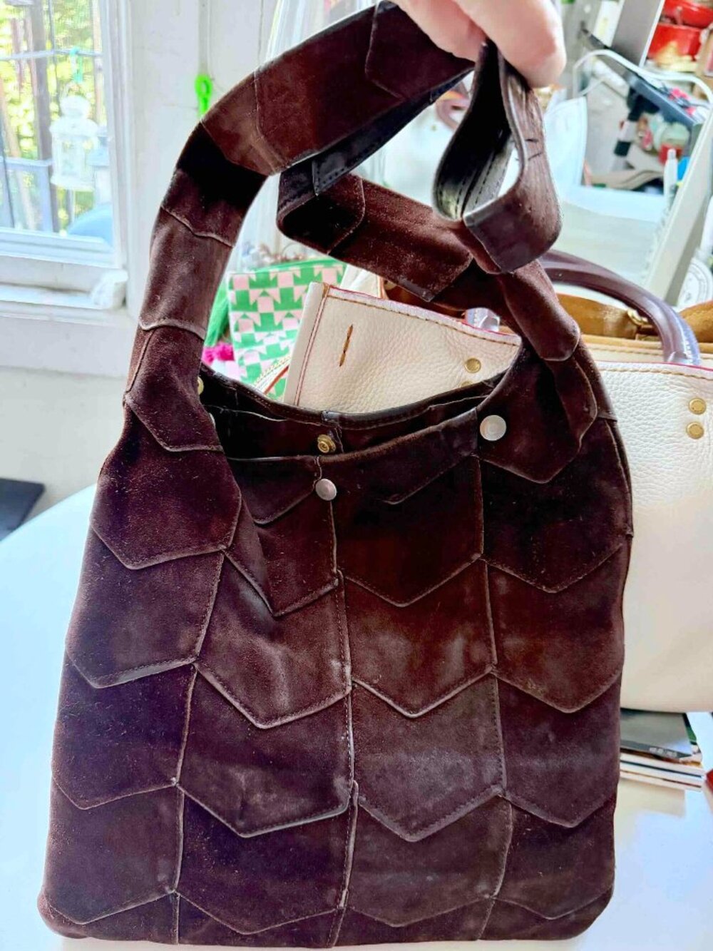 Vintage Chocolate Suede Hobo Hippie shoulderbag EUC darkBrown Chevron Patchwork
